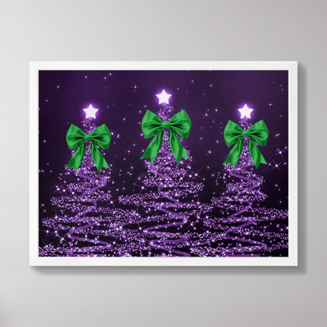 Christmas Sparkling Trees Purple Faux Green Bow Framed Art (Framed Front)
