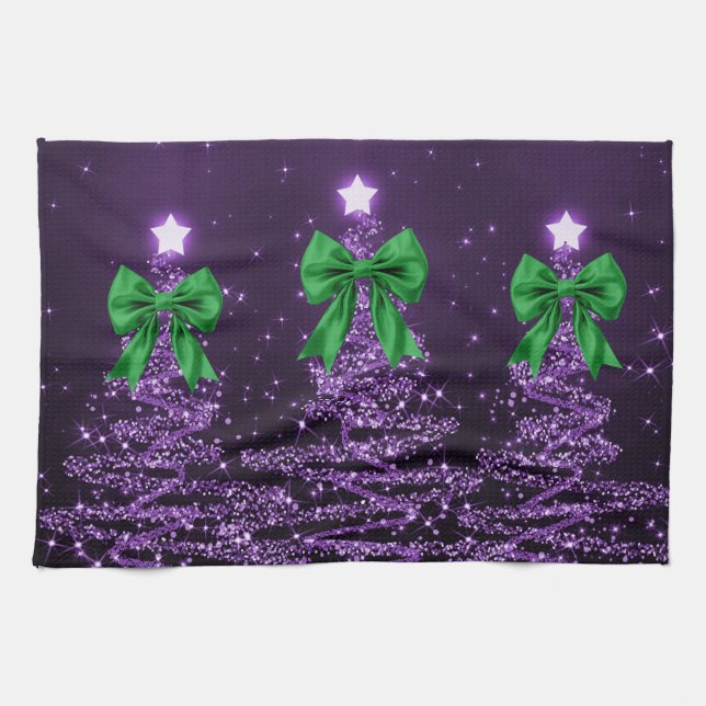 Christmas Sparkling Trees Purple Faux Green Bow  Kitchen Towel (Horizontal)