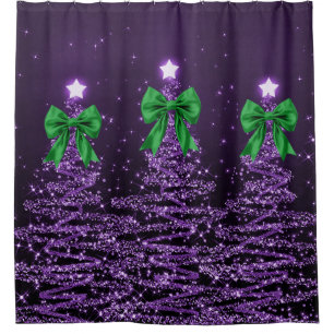 Christmas Sparkling Trees Purple Faux Green Bow  Shower Curtain