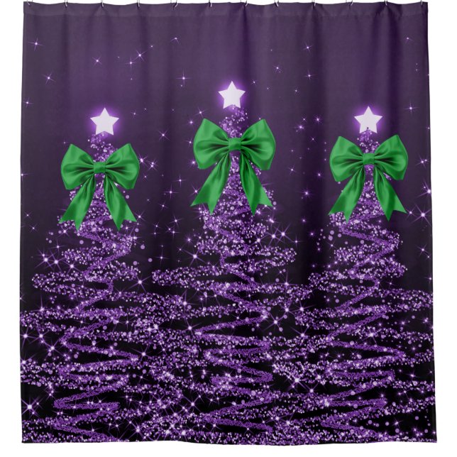 Christmas Sparkling Trees Purple Faux Green Bow  Shower Curtain (Front)