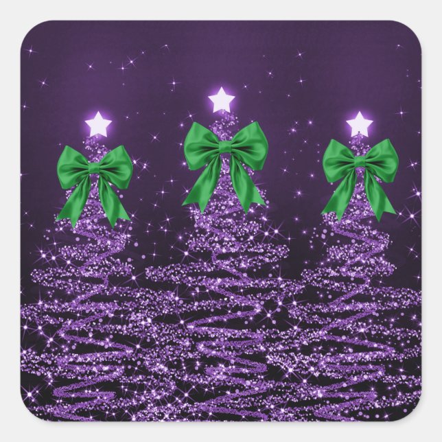 Christmas Sparkling Trees Purple Faux Green Bow  Square Sticker (Front)