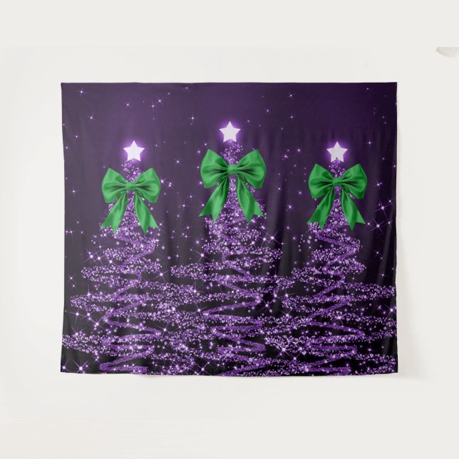 Christmas Sparkling Trees Purple Faux Green Bow  Tapestry (Front (Horizontal))