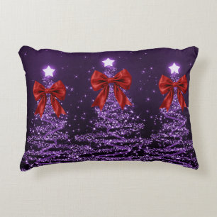 Christmas Sparkling Trees Purple Faux Red Bow Accent Pillow