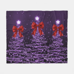 Christmas Sparkling Trees Purple Faux Red Bow Fleece Blanket