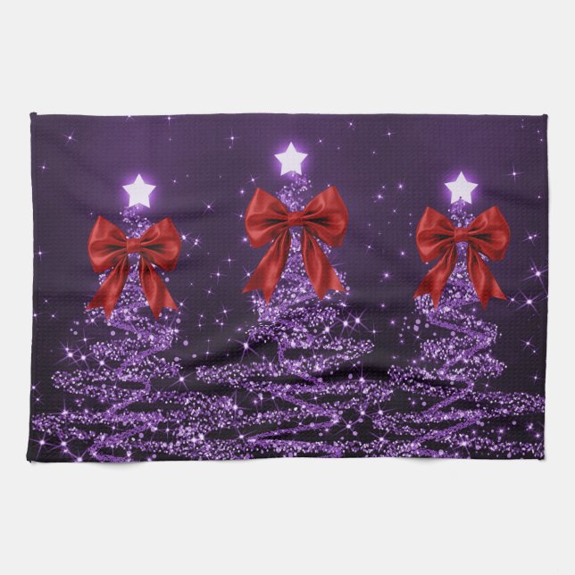 Christmas Sparkling Trees Purple Faux Red Bow  Kitchen Towel (Horizontal)