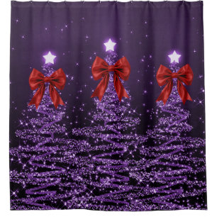 Christmas Sparkling Trees Purple Faux Red Bow Shower Curtain