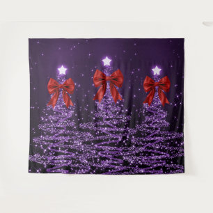 Christmas Sparkling Trees Purple Faux Red Bow Tapestry