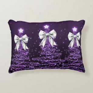 Christmas Sparkling Trees Purple Faux Silver Bow  Accent Pillow