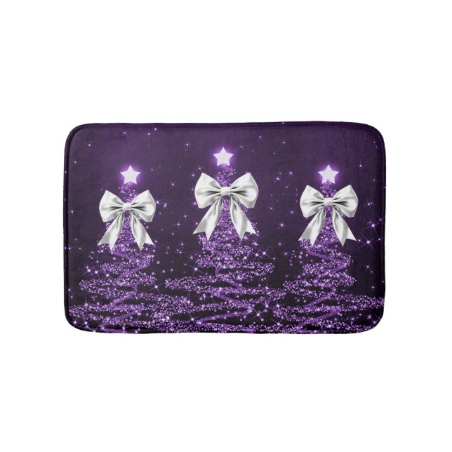 Christmas Sparkling Trees Purple Faux Silver Bow  Bath Mat (Front)