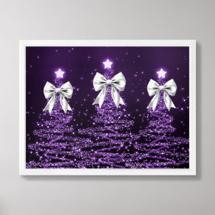 Christmas Sparkling Trees Purple Faux Silver Bow Framed Art