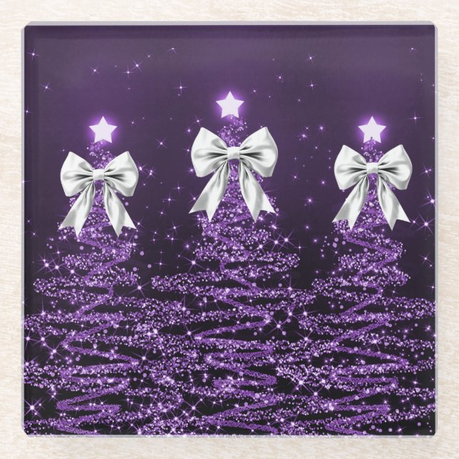 Christmas Sparkling Trees Purple Faux Silver Bow  Glass Coaster (Front)