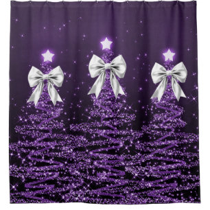 Christmas Sparkling Trees Purple Faux Silver Bow  Shower Curtain