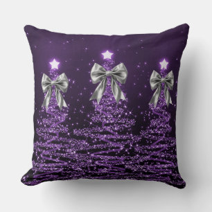 Christmas Sparkling Trees Purple Faux Silver Bow Throw Pillow