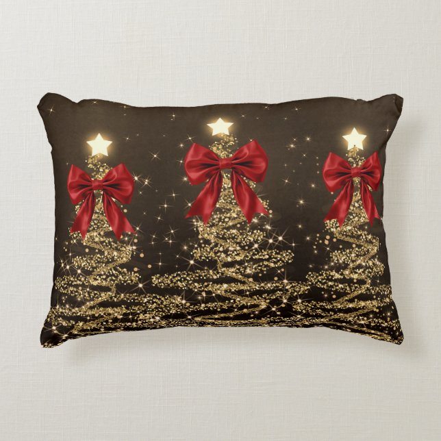 Christmas Sparkling Trees Red Gold Faux Bow  Accent Pillow (Front)
