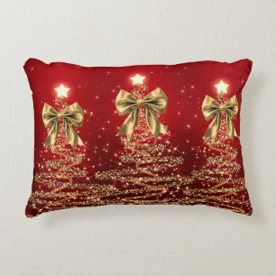Christmas Sparkling Trees Red Gold Faux Bow Accent Pillow
