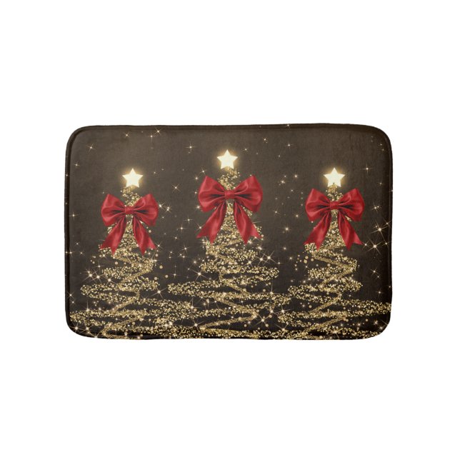 Christmas Sparkling Trees Red Gold Faux Bow  Bath Mat (Front)