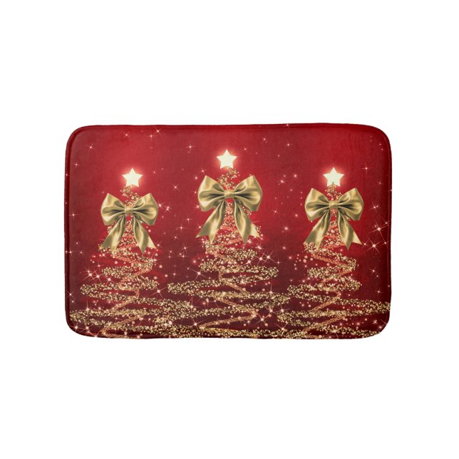 Christmas Sparkling Trees Red Gold Faux Bow  Bath Mat (Front)