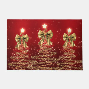 Christmas Sparkling Trees Red Gold Faux Bow Doormat