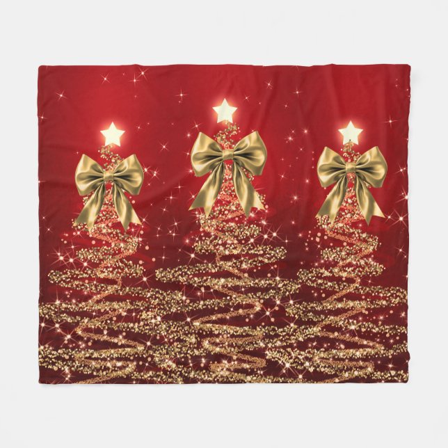 Christmas Sparkling Trees Red Gold Faux Bow  Fleece Blanket (Front (Horizontal))