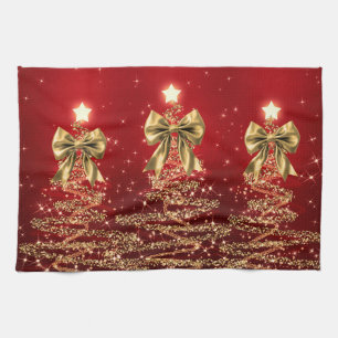 Christmas Sparkling Trees Red Gold Faux Bow Kitchen Towel
