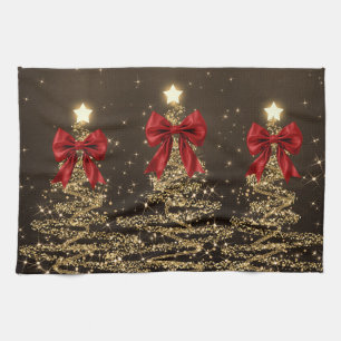 Christmas Sparkling Trees Red Gold Faux Bow Kitchen Towel