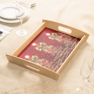 Christmas Sparkling Trees Red Gold Faux Bow Serving Tray
