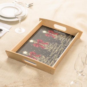 Christmas Sparkling Trees Red Gold Faux Bow Serving Tray
