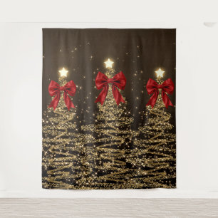 Christmas Sparkling Trees Red Gold Faux Bow  Tapestry