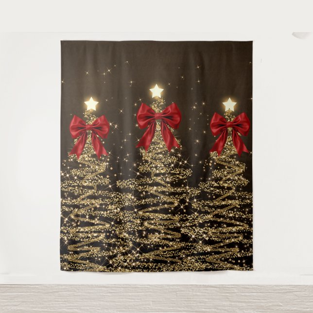 Christmas Sparkling Trees Red Gold Faux Bow  Tapestry (Front)