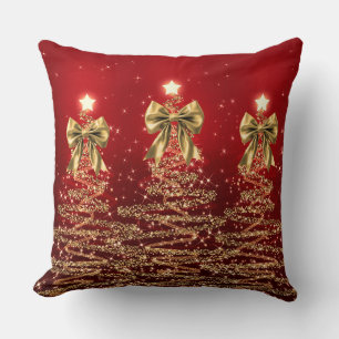 Christmas Sparkling Trees Red Gold Faux Bow Throw Pillow