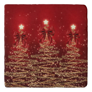 Christmas Sparkling Trees Red Gold Faux Bow Trivet
