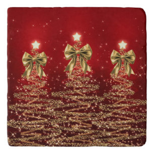 Christmas Sparkling Trees Red Gold Faux Bow Trivet