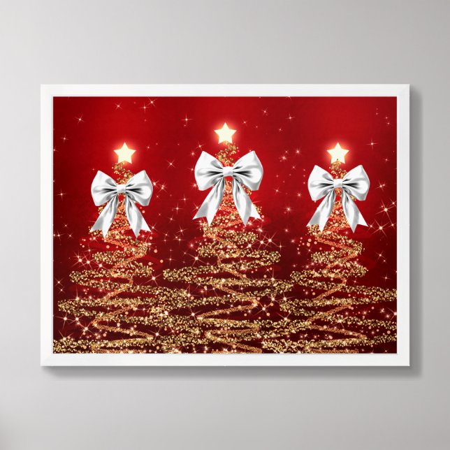 Christmas Sparkling Trees Red Gold Silver Bow  Framed Art (Framed Front)