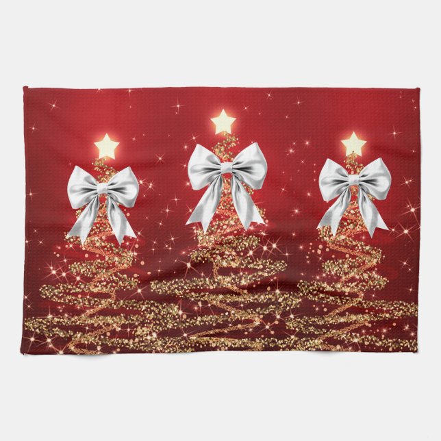 Christmas Sparkling Trees Red Gold Silver Bow  Kitchen Towel (Horizontal)