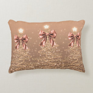 Christmas Sparkling Trees Rose Gold Faux Bow  Accent Pillow