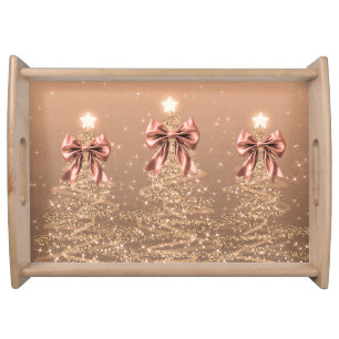 Christmas Sparkling Trees Rose Gold Faux Bow  Serving Tray