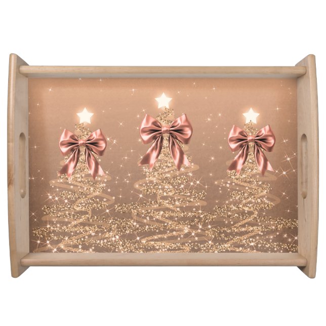 Christmas Sparkling Trees Rose Gold Faux Bow  Serving Tray (Front)