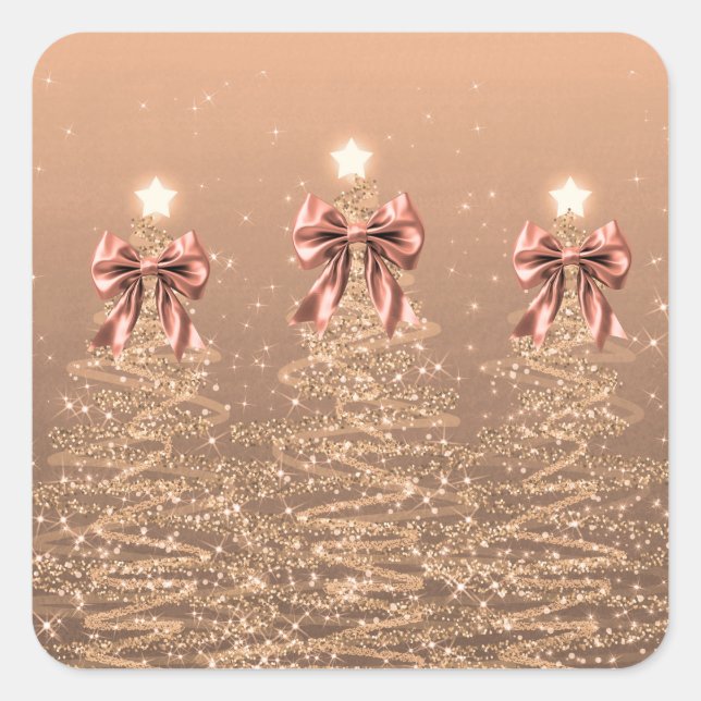 Christmas Sparkling Trees Rose Gold Faux Bow  Square Sticker (Front)
