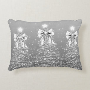 Christmas Sparkling Trees Silver Faux Bow Accent Pillow