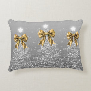 Christmas Sparkling Trees Silver Faux Gold Bow  Accent Pillow