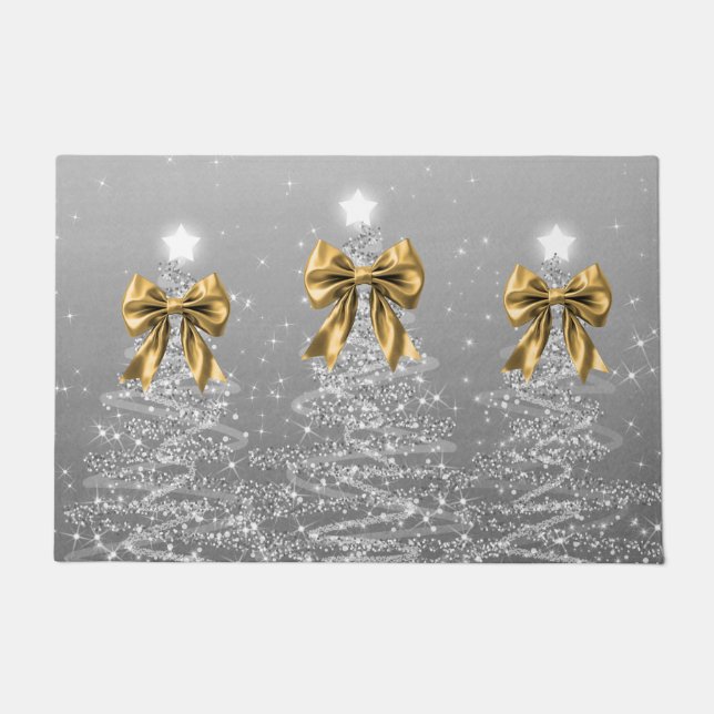 Christmas Sparkling Trees Silver Faux Gold Bow  Doormat (Front)