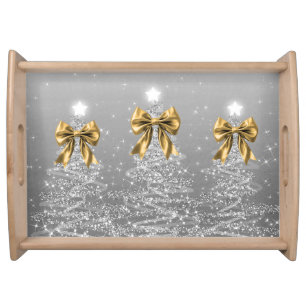 Christmas Sparkling Trees Silver Faux Gold Bow Serving Tray