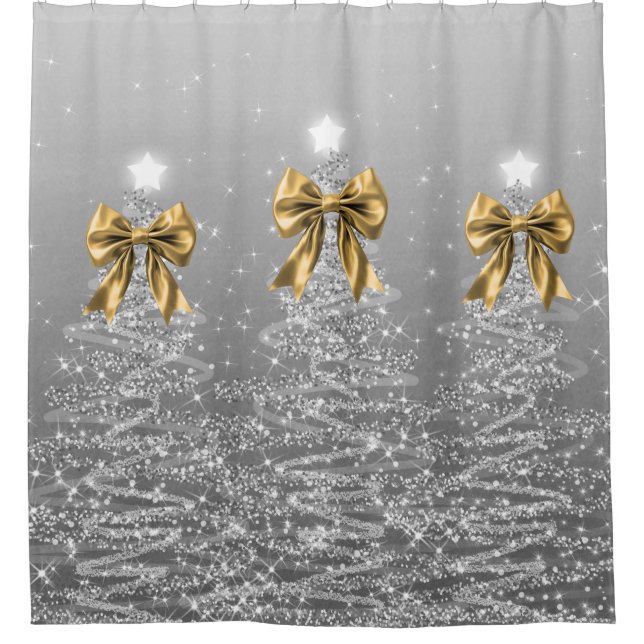 Christmas Sparkling Trees Silver Faux Gold Bow  Shower Curtain (Front)
