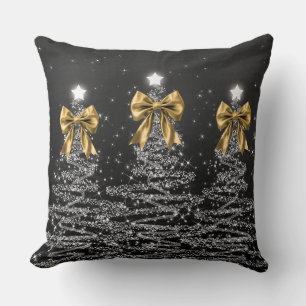Christmas Sparkling Trees Silver Faux Gold Bow  Throw Pillow