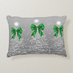 Christmas Sparkling Trees Silver Faux Green Bow  Accent Pillow