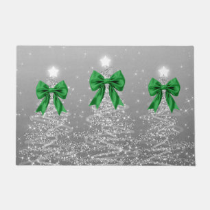 Christmas Sparkling Trees Silver Faux Green Bow Doormat