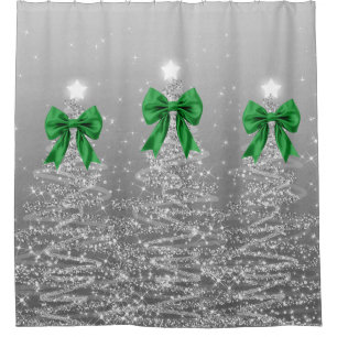 Christmas Sparkling Trees Silver Faux Green Bow  Shower Curtain