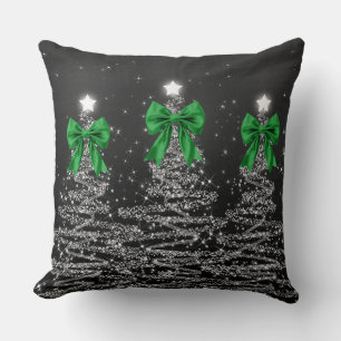 Christmas Sparkling Trees Silver Faux Green Bow  Throw Pillow