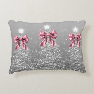 Christmas Sparkling Trees Silver Faux Pink Bow  Accent Pillow