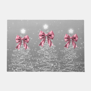 Christmas Sparkling Trees Silver Faux Pink Bow Doormat